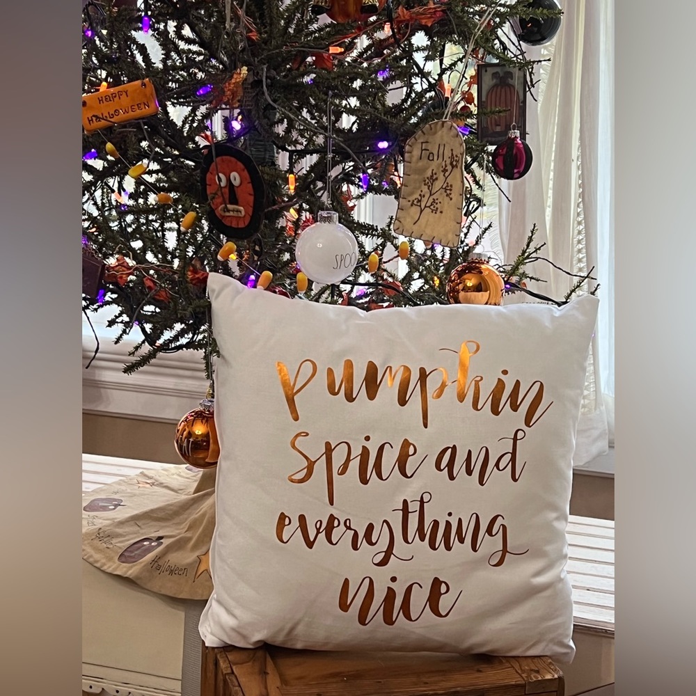 🍁Classic Autumn ETSY Throw Pillow- 15” in White -Metallic Copper Font🍁